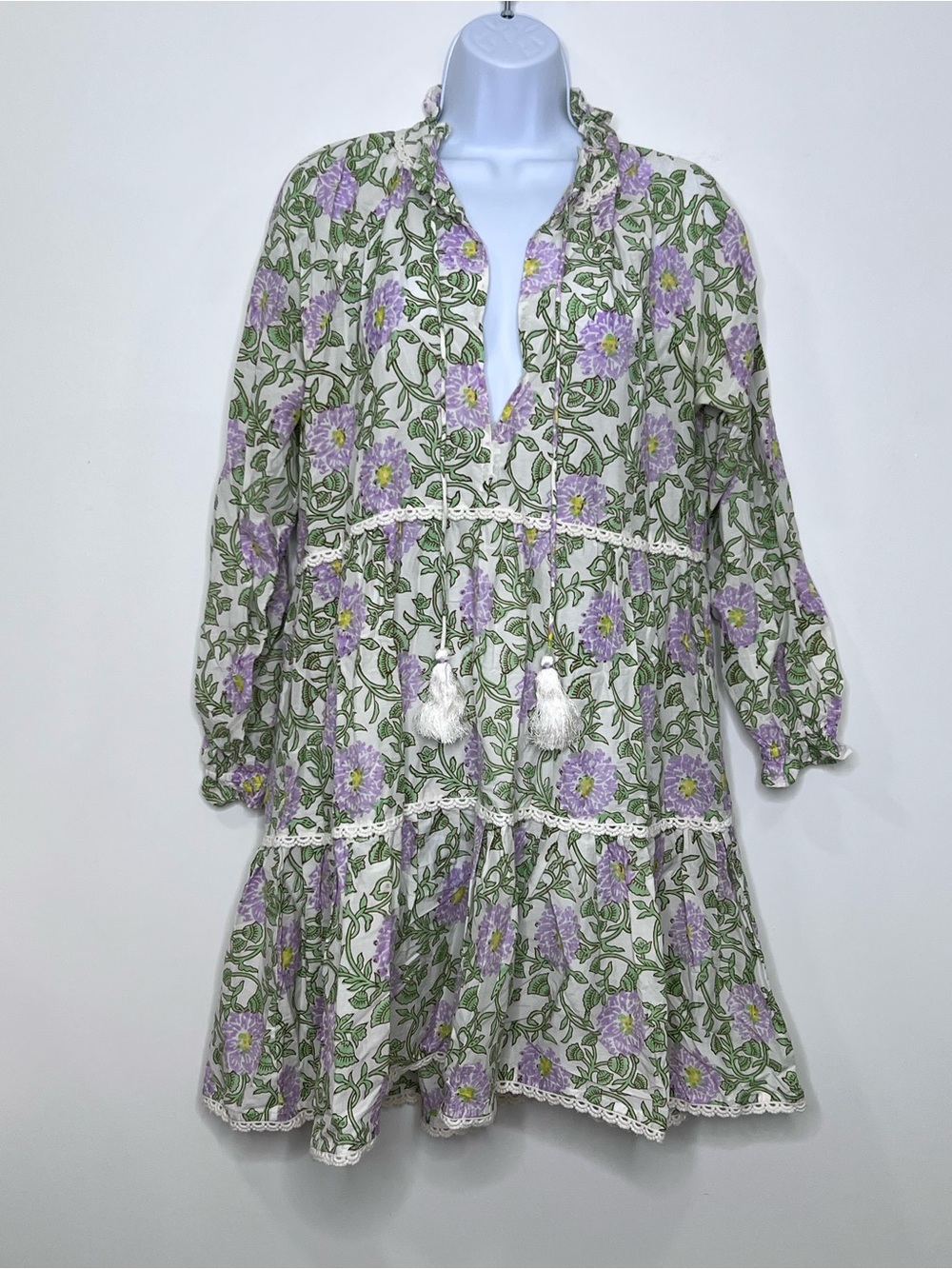 Roller Rabbit Floral Tiered Tunic Dress Purple Green Lace Trim Size M